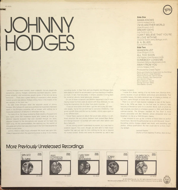 Johnny Hodges : Previously Unreleased Recordings (LP, Album)