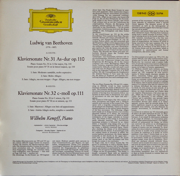 Ludwig Van Beethoven, Wilhelm Kempff : Klaviersonate Nr. 31 As-dur Op. 110, Klaviersonate Nr. 32 C-moll Op. 111 (LP, Album, Red)