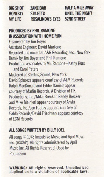 Billy Joel : 52nd Street (Cass, Album, RE)