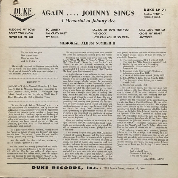 Johnny Ace : Memorial Album (LP, Album, Mono, RE)