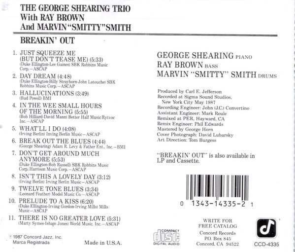 The George Shearing Trio* With Ray Brown And Marvin "Smitty" Smith : Breakin' Out (CD, Album)