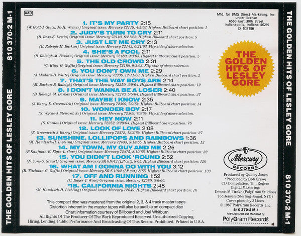 Lesley Gore : The Golden Hits Of Lesley Gore (CD, Comp, Club)