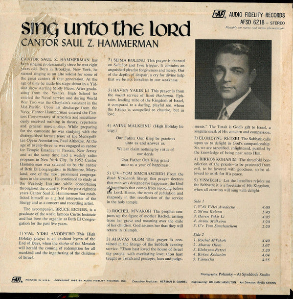 Cantor Saul Z. Hammerman : Sing Unto The Lord (LP, Album)