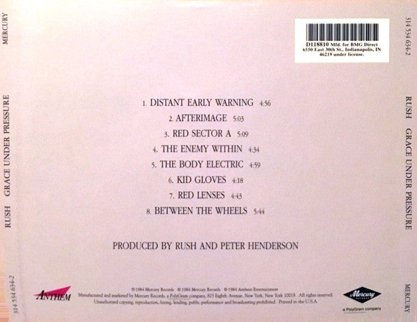 Rush : Grace Under Pressure (CD, Album, Club, RE, RM, RP, BMG)