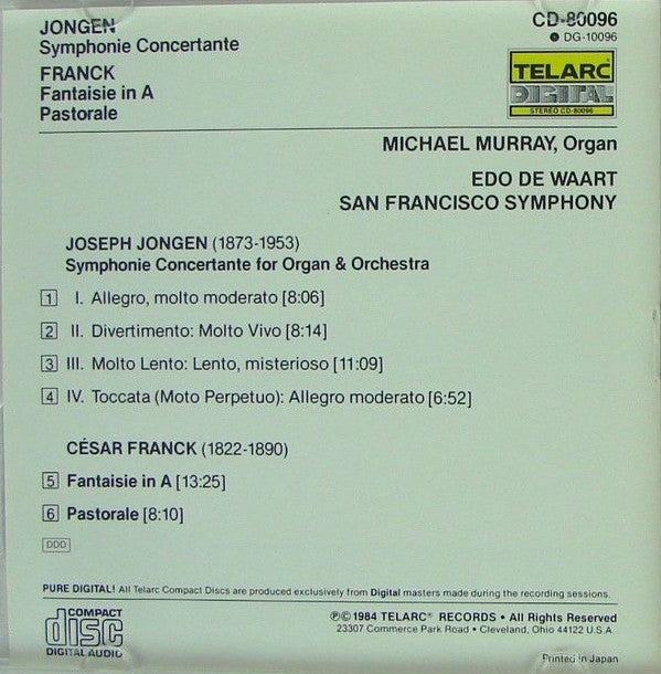 Jongen* / Franck*, Michael Murray (4), San Francisco Symphony, Edo de Waart : Symphonie Concertante / Fantasie / Pastorale (CD, Album)