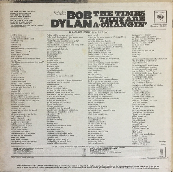 Bob Dylan : The Times They Are A-Changin' (LP, Album, Mono, RP, Pit)