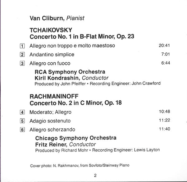 Van Cliburn, Tchaikovsky* - Kondrashin* / RCA Symphony* / Rachmaninov* - Reiner* / Chicago Symphony* : Concerto No. 1 / Concerto No. 2 (CD, Comp, RE, RM)