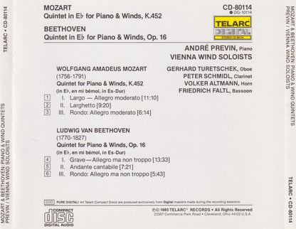 Mozart*, Beethoven* - André Previn, Vienna Wind Soloists* : Piano & Wind Quintets In Eb (CD, Album, Mat)