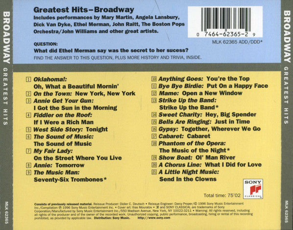 Various : Greatest Hits Broadway (CD, Comp)