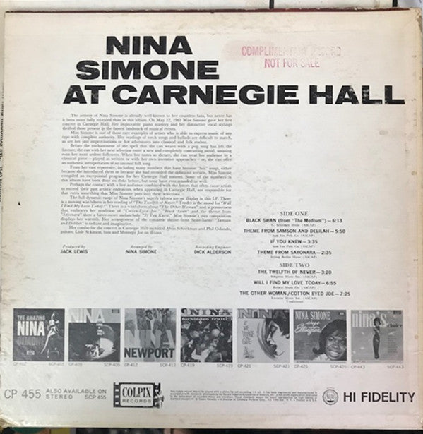 Nina Simone : At Carnegie Hall (LP, Album, Mono, Promo)