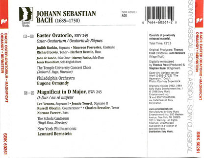Bach*, Philadelphia Orchestra*, Eugene Ormandy, New York Philharmonic, Leonard Bernstein : Easter Oratorio - Magnificat (CD, Comp, RE)
