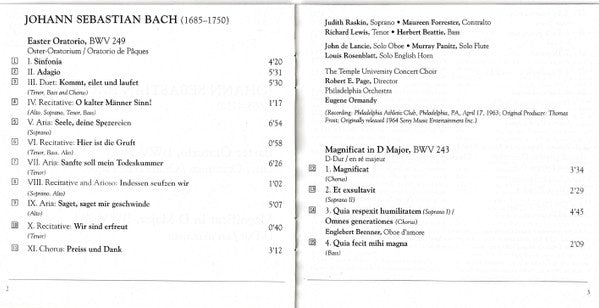 Bach*, Philadelphia Orchestra*, Eugene Ormandy, New York Philharmonic, Leonard Bernstein : Easter Oratorio - Magnificat (CD, Comp, RE)