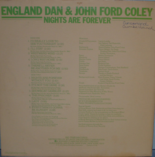England Dan & John Ford Coley : Nights Are Forever (LP, Album, PR )