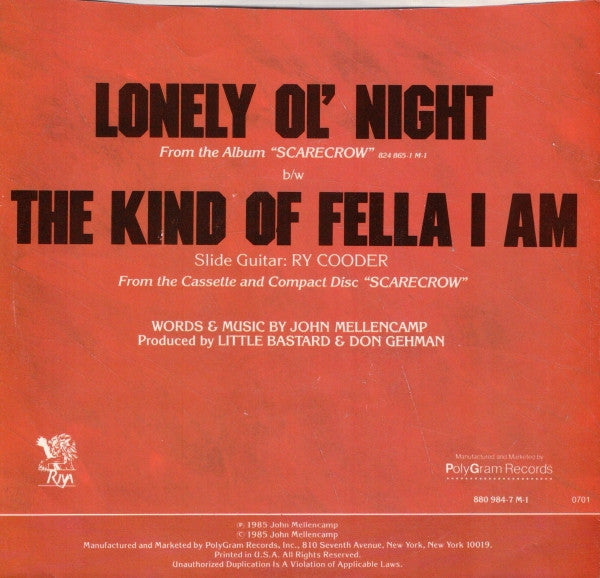 John Cougar Mellencamp : Lonely Ol' Night (7", Single, Styrene, 19 )