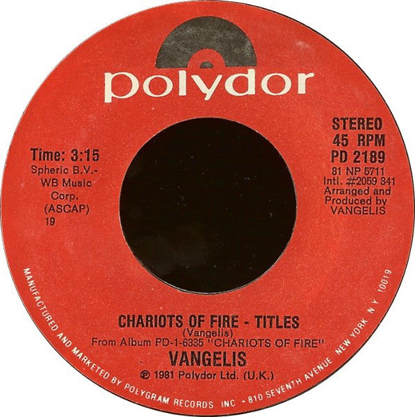 Vangelis : Chariots Of Fire - Title (7", 19)