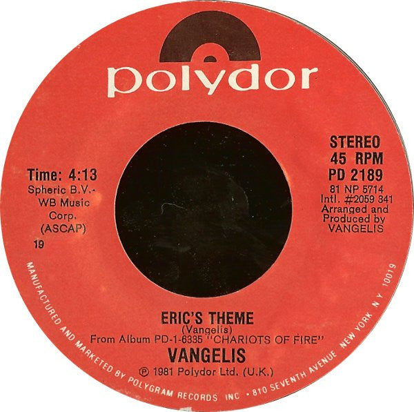 Vangelis : Chariots Of Fire - Title (7", 19)