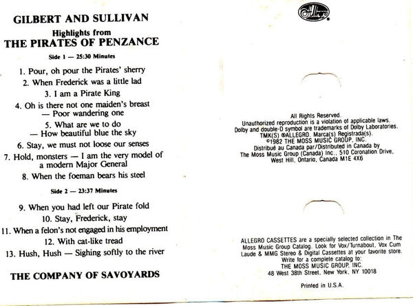 Gilbert & Sullivan : Highlights From The Pirates Of Penzance - The Company Of Savoyards (Cass, Comp)