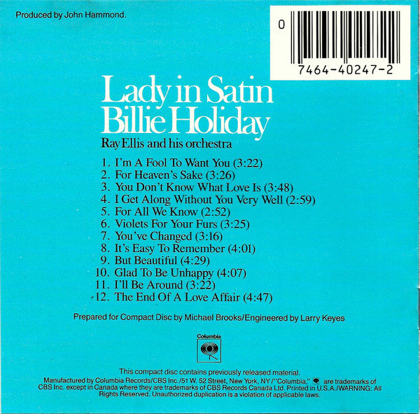 Billie Holiday, Ray Ellis And His Orchestra : Lady In Satin (CD, Album, RE, RM)