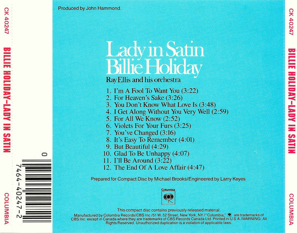 Billie Holiday, Ray Ellis And His Orchestra : Lady In Satin (CD, Album, RE, RM)