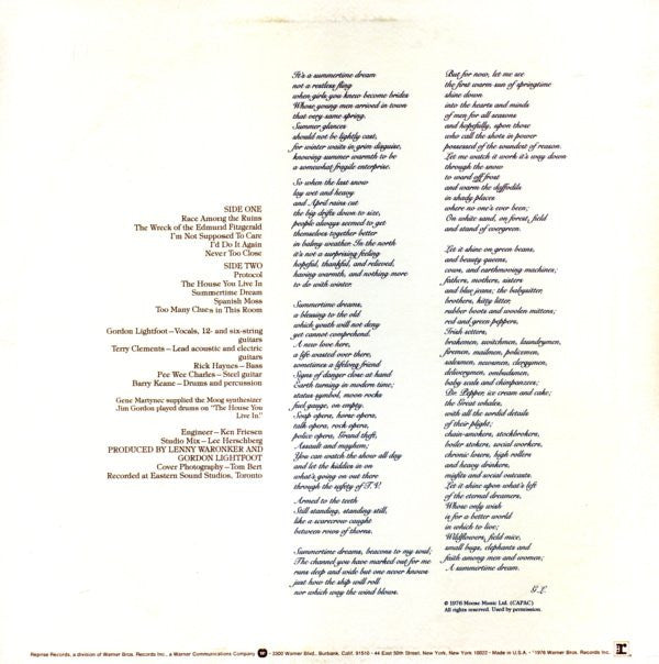 Gordon Lightfoot : Summertime Dream (LP, Album, Win)