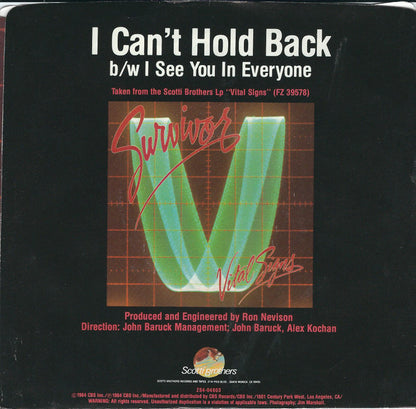 Survivor : I Can't Hold Back (7", Single, Styrene, Car)