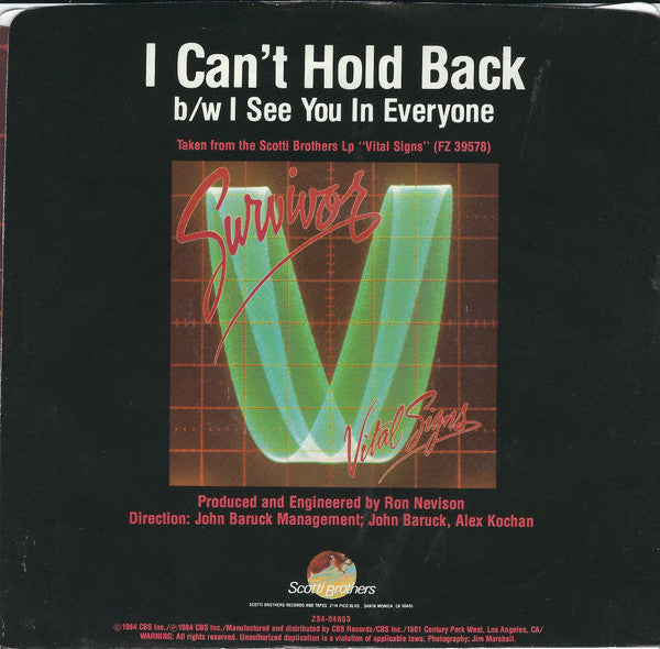 Survivor : I Can't Hold Back (7", Single, Styrene, Car)