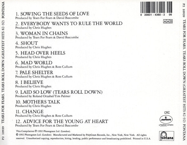 Tears For Fears : Tears Roll Down (Greatest Hits 82-92) (CD, Comp, Club)