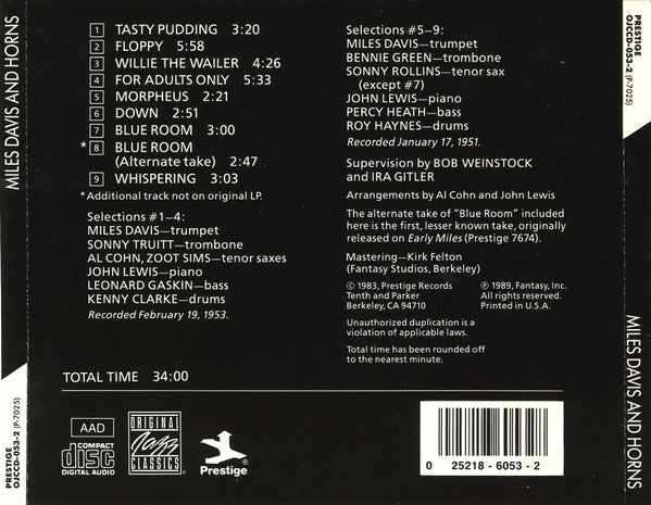 Miles Davis : Miles Davis And Horns (CD, Comp, RE, RP)