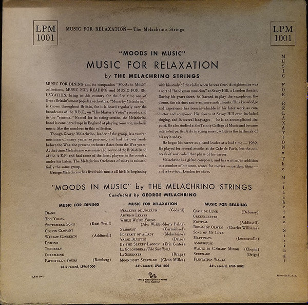 The Melachrino Strings And The Melachrino Orchestra : Moods In Music:  Music For Relaxation (LP, Album, Ind)
