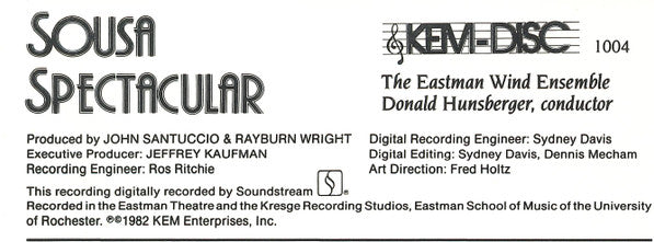 Eastman Wind Ensemble, Donald Hunsberger : Sousa Spectacular (CD, Album)