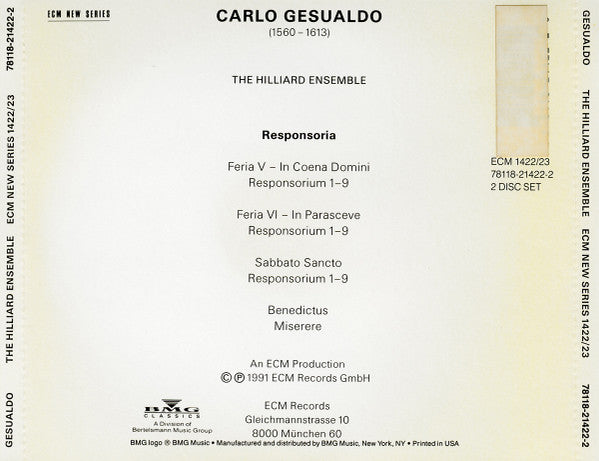 Carlo Gesualdo - The Hilliard Ensemble : Tenebrae (2xCD, Album, RE, RP)