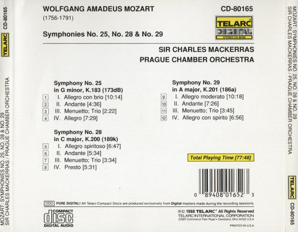 Mozart*, Sir Charles Mackerras, Prague Chamber Orchestra : Symphony No. 25 (In G Minor, K.183) / Symphony No. 28 (In C Major, K.200) / Symphony No. 29 (In A Major, K.201) (CD, Album)