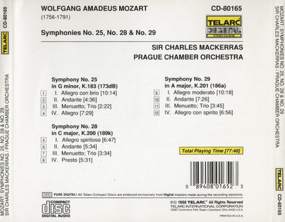 Mozart*, Sir Charles Mackerras, Prague Chamber Orchestra : Symphony No. 25 (In G Minor, K.183) / Symphony No. 28 (In C Major, K.200) / Symphony No. 29 (In A Major, K.201) (CD, Album)