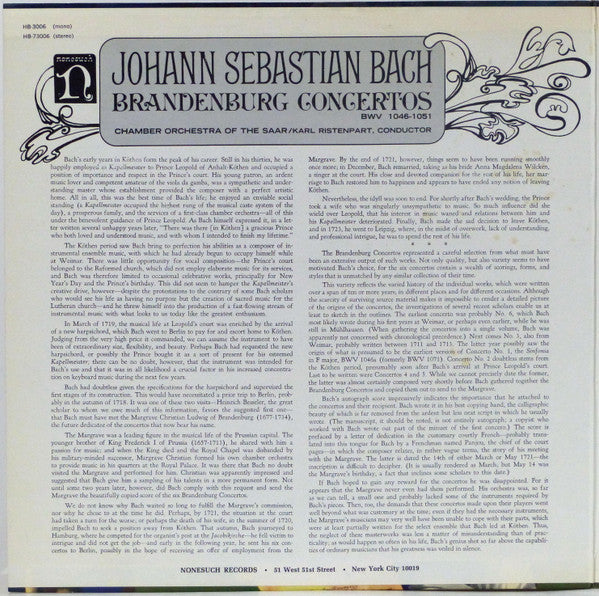 Johann Sebastian Bach - Chamber Orchestra Of The Saar*, Karl Ristenpart : Brandenburg Concertos (2xLP, Album)