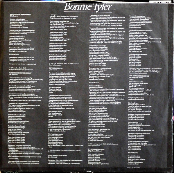 Bonnie Tyler : Faster Than The Speed Of Night (LP, Album, Pit)
