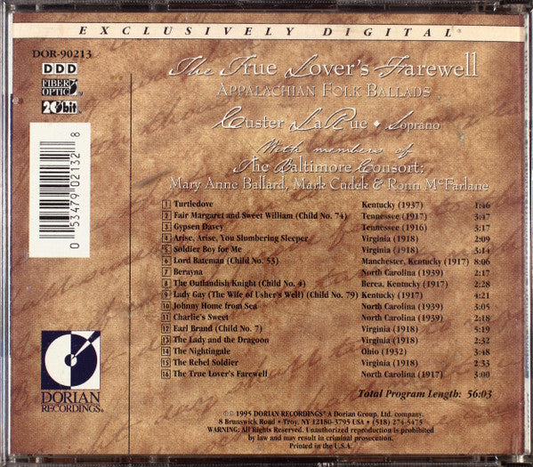 Custer LaRue With Members Of The Baltimore Consort : The True Lover's Farewell - Appalachian Folk Ballads (CD, Album, 20-)