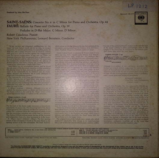 Camille Saint-Saëns / Gabriel Fauré - Robert Casadesus, Leonard Bernstein, New York Philharmonic : Concerto No. 4 For Piano And Orchestra / Ballade For Piano And Orchestra / Three Preludes (LP, Mono)