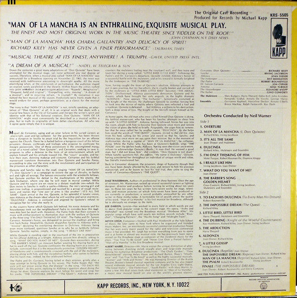 Original Cast*, Richard Kiley, Irving Jacobson, Ray Middleton, Joan Diener, Robert Rounseville : Man Of La Mancha (LP, Album)