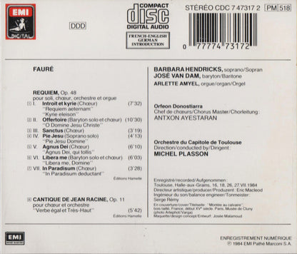Fauré* / Barbara Hendricks • José Van Dam • Orfeon Donostiarra* • Orchestre Du Capitole De Toulouse* • Michel Plasson : Requiem • Cantique De Jean Racine (CD, Album, RE)