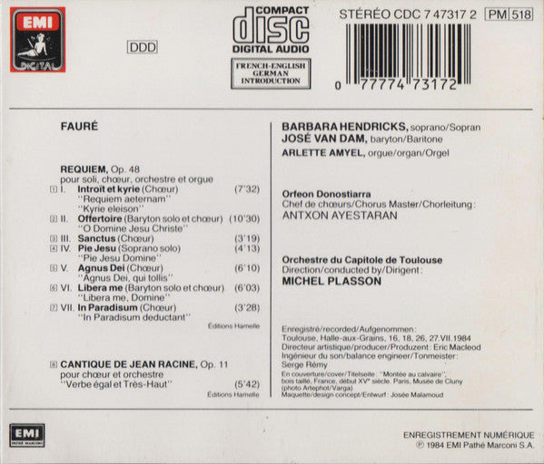 Fauré* / Barbara Hendricks • José Van Dam • Orfeon Donostiarra* • Orchestre Du Capitole De Toulouse* • Michel Plasson : Requiem • Cantique De Jean Racine (CD, Album, RE)