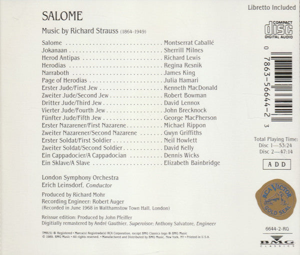 Strauss* – Montserrat Caballé • Sherrill Milnes • Richard Lewis (3) • Regina Resnik • James King (3) • London Symphony Orchestra • Erich Leinsdorf : Salome (2xCD, Album, RE, RM + Box, Sli)