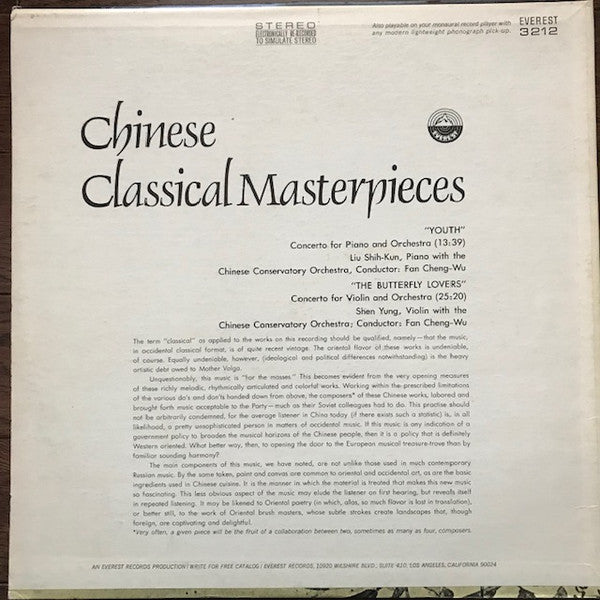 Chinese Conservatory Orchestra : Chinese Classical Masterpieces (LP, Album)