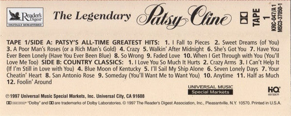 Patsy Cline : The Legendary Patsy Cline: Her Greatest Hits And Finest Performances (Cass, Comp)