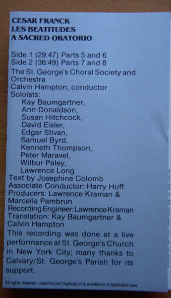 César Franck, Calvin Hampton, St. George's Choral Society : Les Beatitudes; The Beatitudes (2xCass)