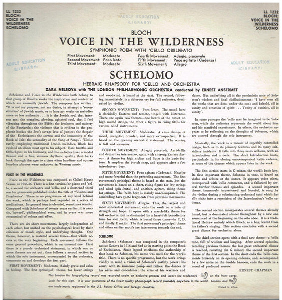 Bloch* - Zara Nelsova With The London Philharmonic Orchestra* Conducted By Ernest Ansermet : Voice In The Wilderness / Schelomo (LP, Mono)