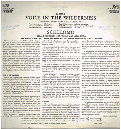 Bloch* - Zara Nelsova With The London Philharmonic Orchestra* Conducted By Ernest Ansermet : Voice In The Wilderness / Schelomo (LP, Mono)