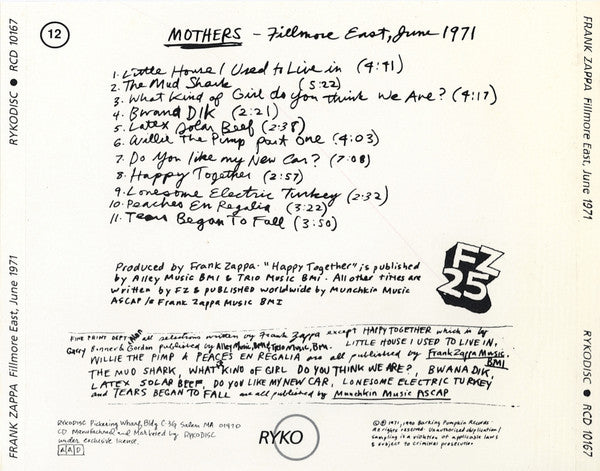 Frank Zappa / The Mothers : Fillmore East - June 1971 (CD, Album, RE, RM, RP)