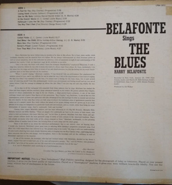 Harry Belafonte : Belafonte Sings The Blues (LP, Album, Mono)