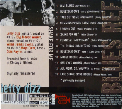 Lefty Dizz featuring Big Moose Walker* : Shake For Me (CD, Album, RE, RM)