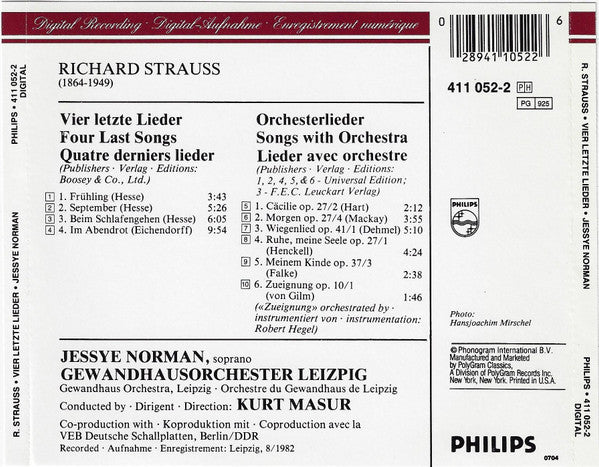 Richard Strauss, Jessye Norman, Gewandhausorchester Leipzig, Kurt Masur : Vier Letzte Lieder = Four Last Songs / 6 Orchesterlieder = 6 Orchestral Songs (CD, RE)